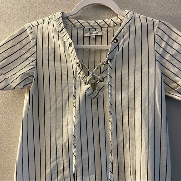 Madewell Harbor Lace-Up Shift Dress Striped White Blue Sz XXS F2186 - Picture 3 of 7